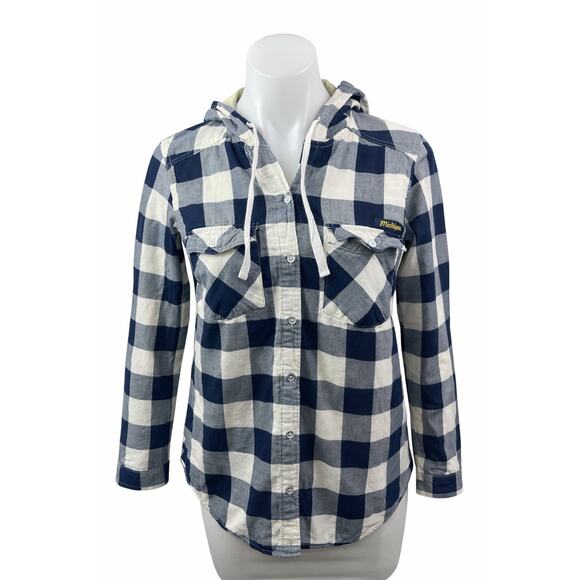Columbia Tops - Columbia Womens Blue Plaid Flannel Long Sleeve Hoodie Button Up Shirt Top Size S